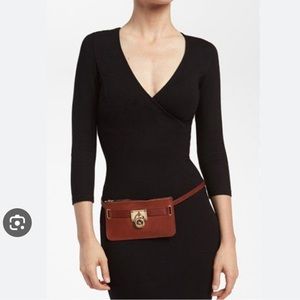 Michael Kors Brown Leather Small Fanny Pack Waist Belt Bag Gold tone Logo Charm